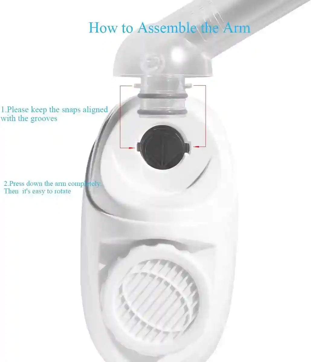 Assembly diagram for white facial steamer device showing how to attach the adjustable hydration nozzle arm.