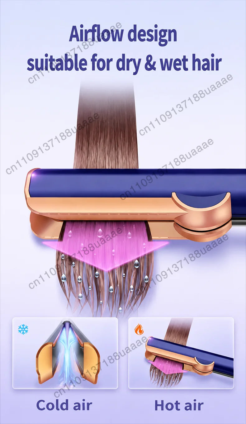 Blue and rose gold 2-in-1 hair dryer and straightener iron with airflow design for wet and dry hair styling.