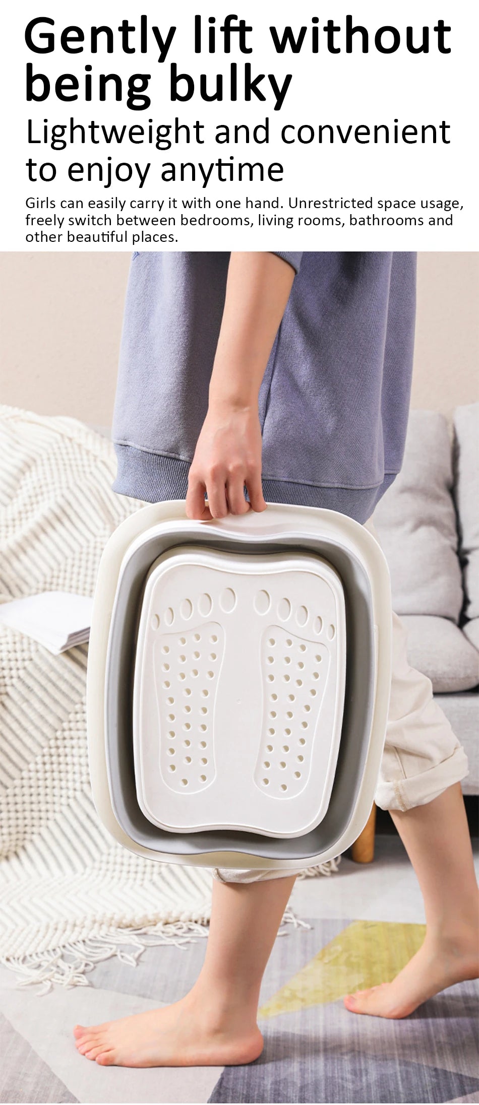 Portable foldable foot bath tub with silicone basin, ergonomic design, and foot massage base for home or travel use.