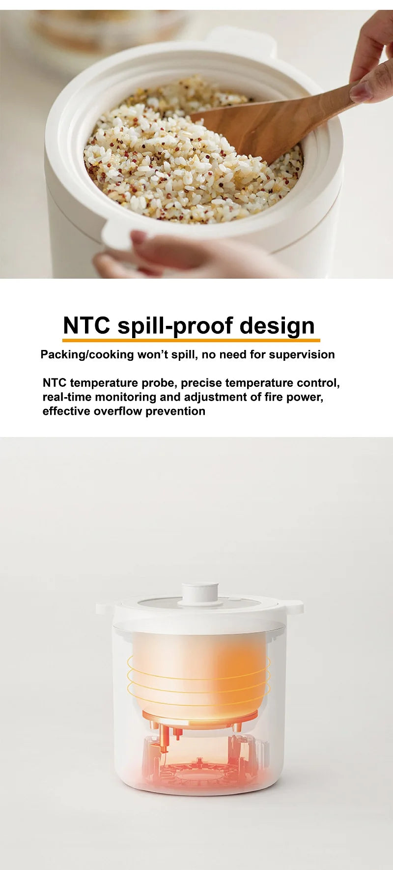 White rice cooker with rice inside open ceramic nonstick pot
