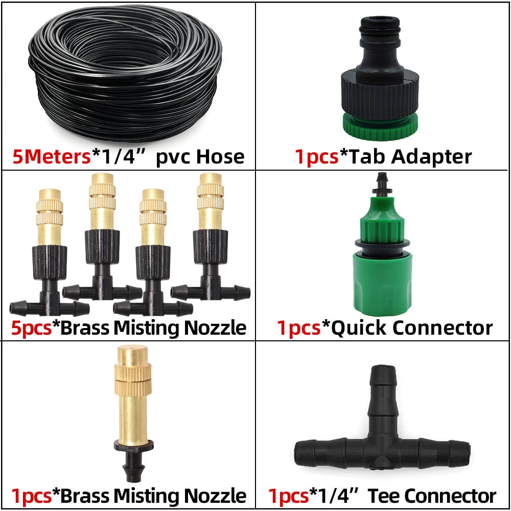 5M-30M Misting Cooling System Garden Irrigation Watering 1/4'' Brass Atomizer Nozzles 4/7mm Hose for Outdoor Patio Greenhouse