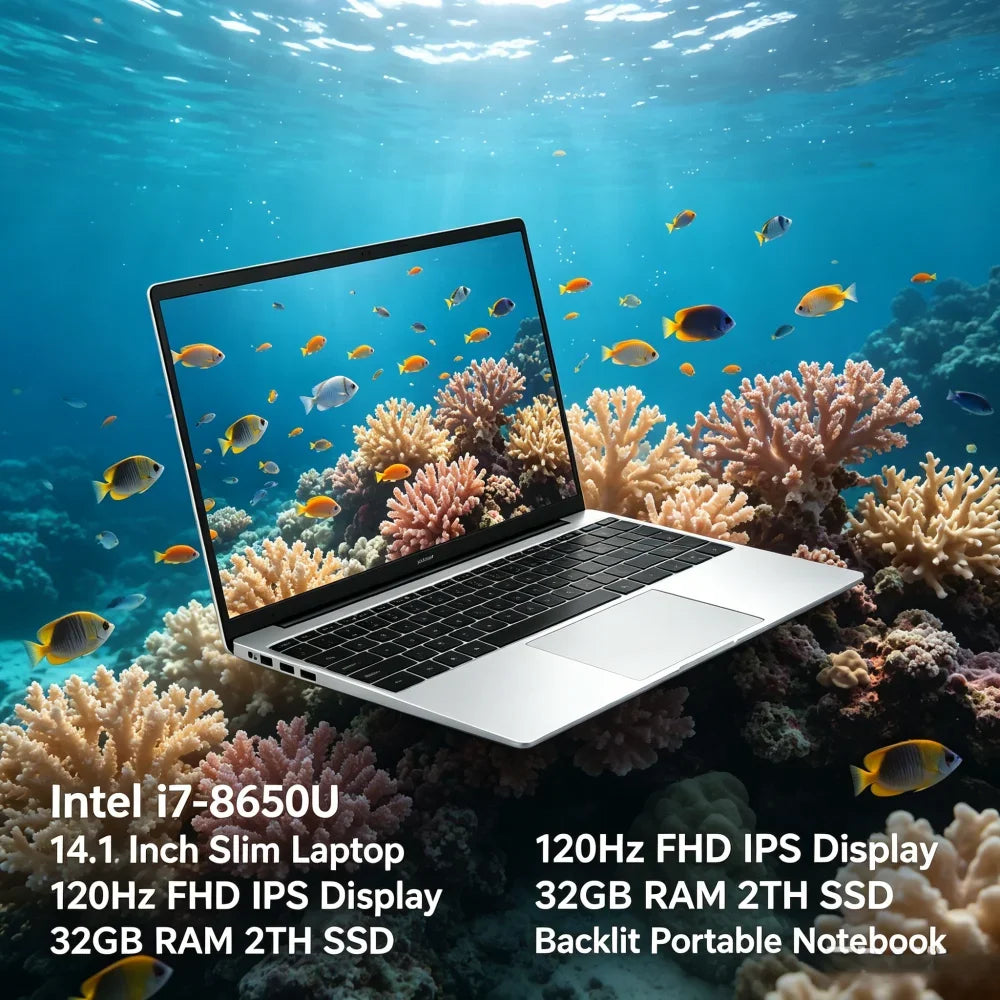 Intel I7-8650U 14.1 Inch Slim Laptop 120Hz FHD IPS Display 32GB RAM 2TB SSD Backlit Portable Notebook