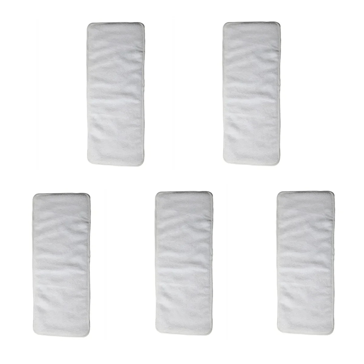 Five white microfiber baby care cloth diaper inserts for absorbent protection.