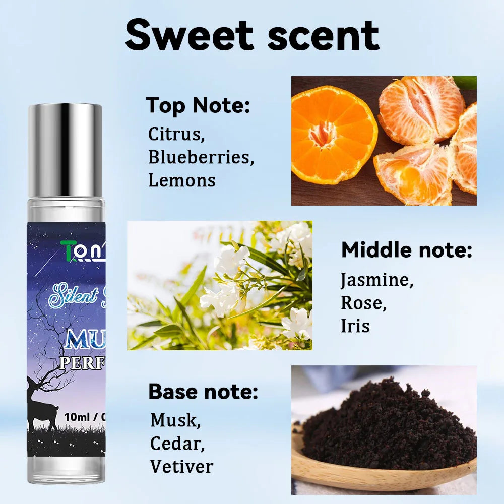 Silent Musk 10ml roll-on perfume oil in a clear glass bottle with a silver cap and a blue night forest label.