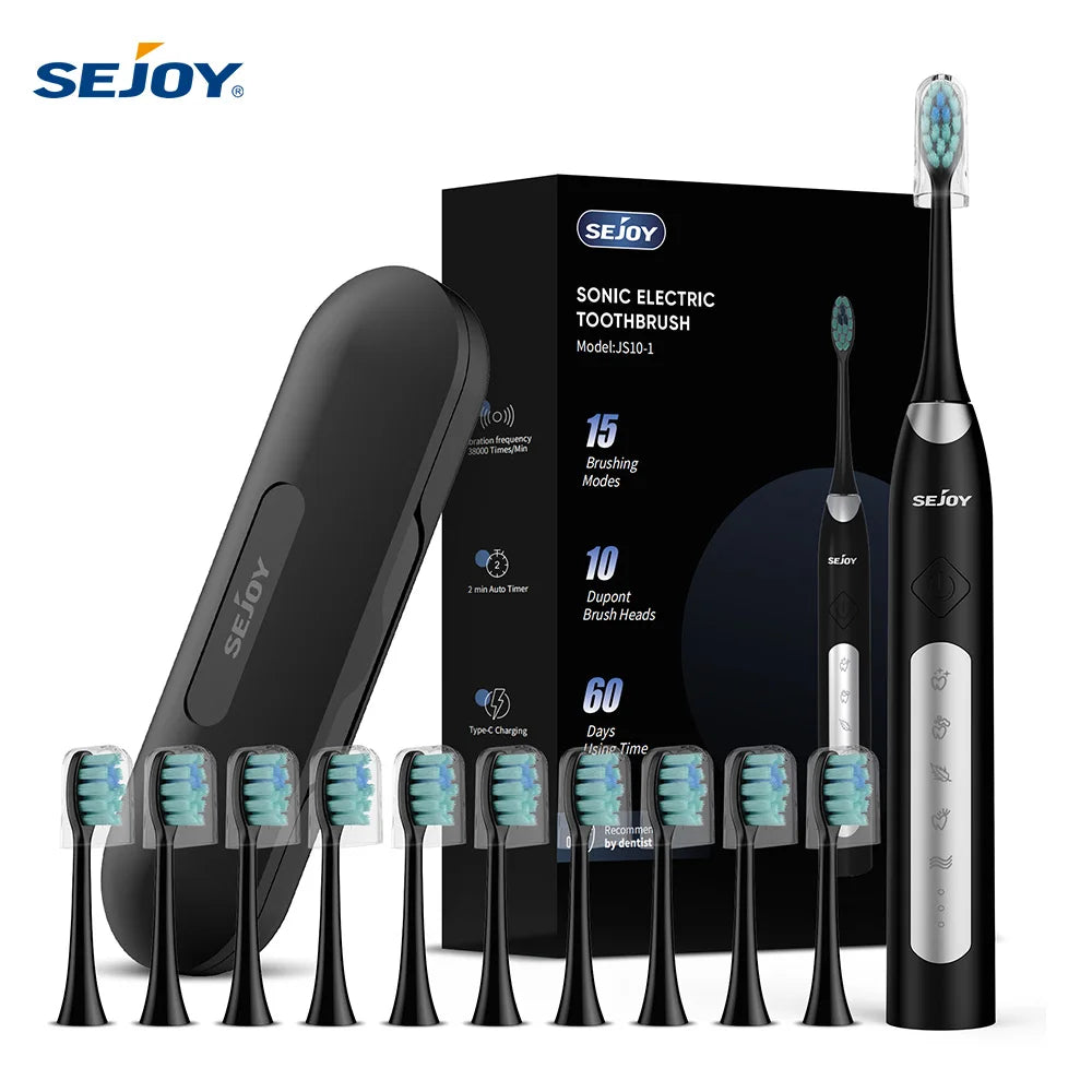 Sejoy Electric Sonic Toothbrush with 10 pcs Replacement Heads 5 Modes USB Rechargeable Waterproof Electric Tooth Brushes