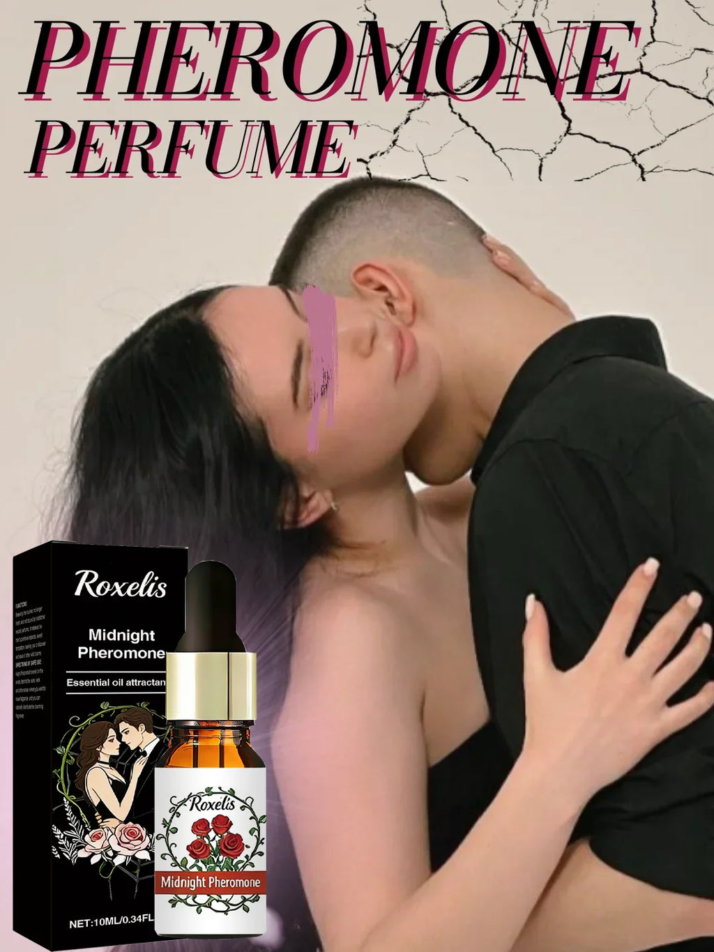 Roxelis Midnight Pheromone essential oil dropper bottle for men and women, long-lasting floral scent for attraction.