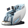 Light blue and white full-body massage chair with tablet mount and LED side accent for deep tissue relaxation.