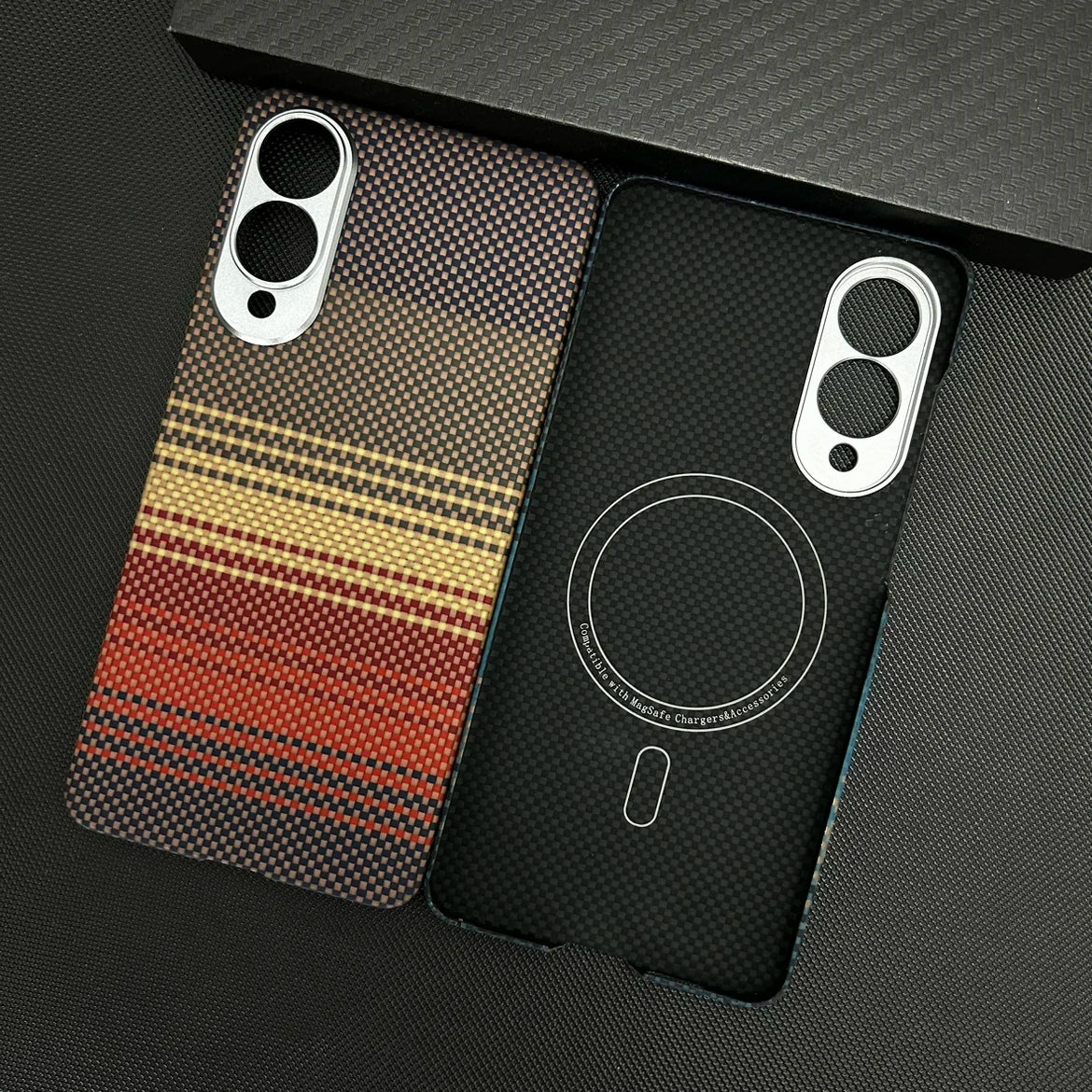 Two aramid fiber phone cases with silver camera rings; one features a multicolor striped pattern, one has MagSafe.