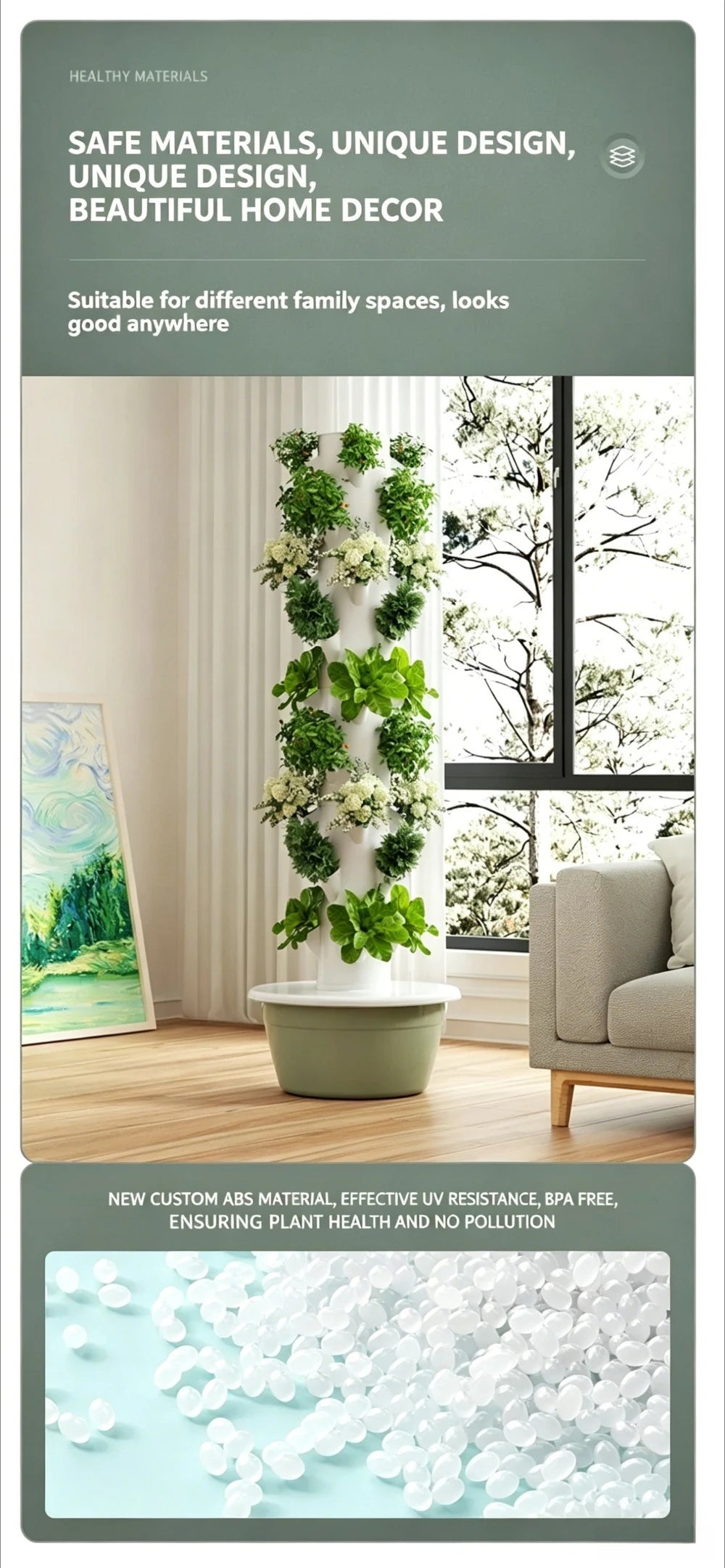 Indoor vertical aeroponic tower with white planter bowl and hanging leafy greens