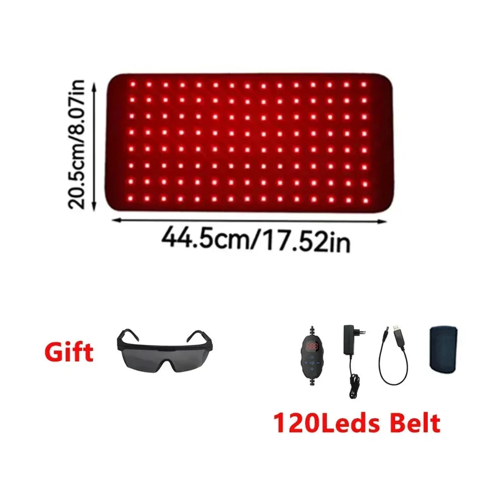120-LED red light therapy belt for pain relief, showing 660nm/850nm infrared pad dimensions, controller, and goggles.