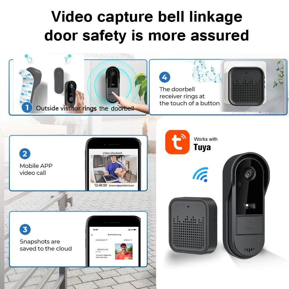 Tuya WiFi doorbell  2-way HD 1080P, microSD/cloud, waterproof, 1000mAh battery, long standby,Wireless Security Camera
