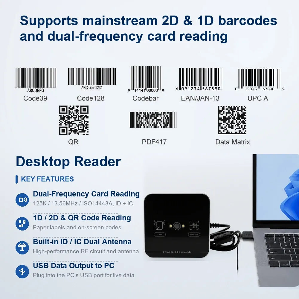 Proximity Contactless RFID Reader 1d 2d  Barcode QR Scanner 125khz 13.56mhz USB Interface QR Code Card Reader