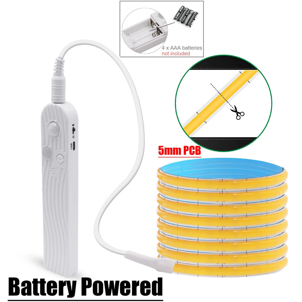 5V Motion Sensor LED COB Light Strip Human Induction USB/Battery Powered Flexible Lamp Under Cabinet Stairs Wardrobe Nightlights
