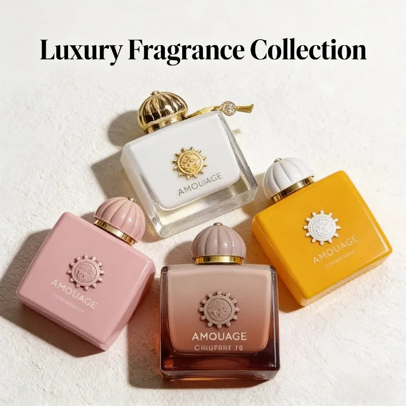 Amouage luxury floral oriental EDP for women in elegant square bottles with iconic sun emblem caps. Long-lasting scent.
