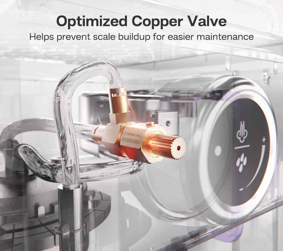 Hibrew coffee maker internal view highlighting the anti-scale copper valve and clear tubing for easy maintenance.