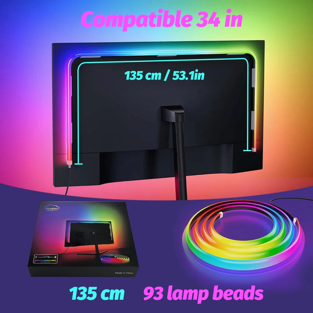 RGB monitor sync light strip, compatible 34 in, rainbow LED loop with 93 LED beads