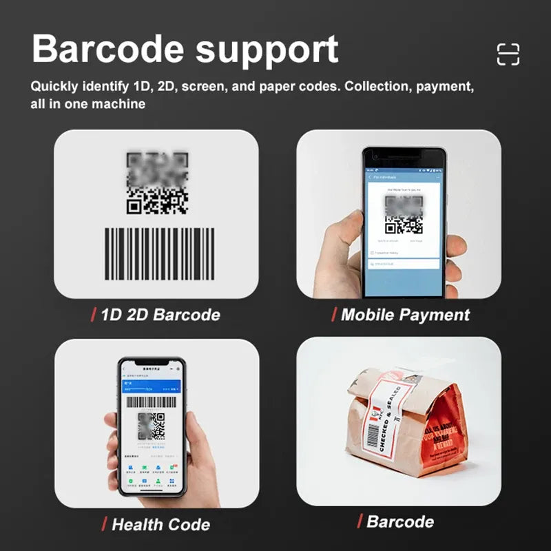 Black desktop barcode scanner on a stand with bright red ring scan window.