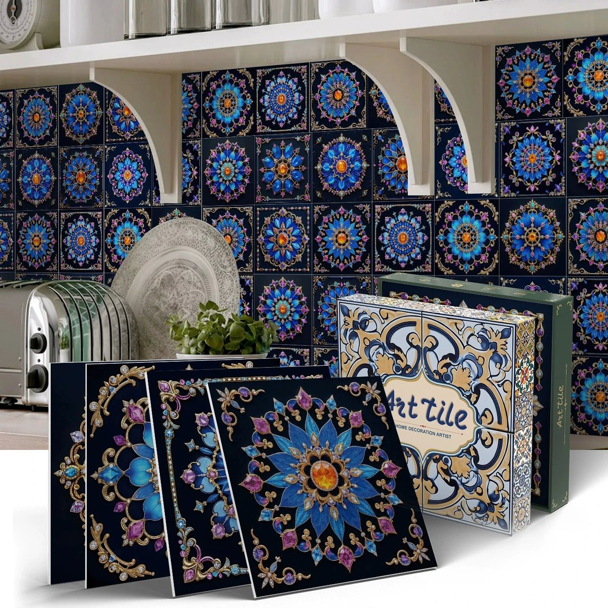 Peel-and-stick mosaic tile sticker sheets with dark navy, purple, and gold ornate floral medallions