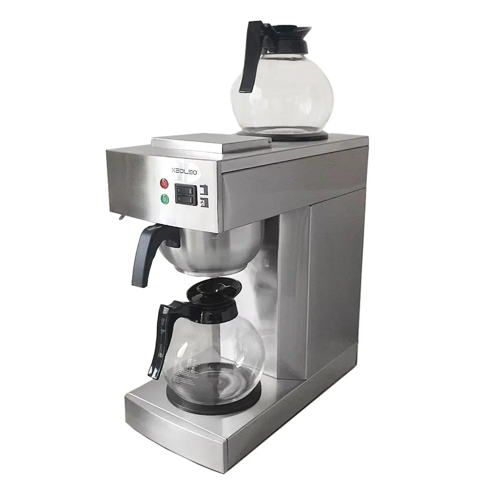XEOLEO commercial stainless steel coffee maker with two glass carafes and dual warming plates.