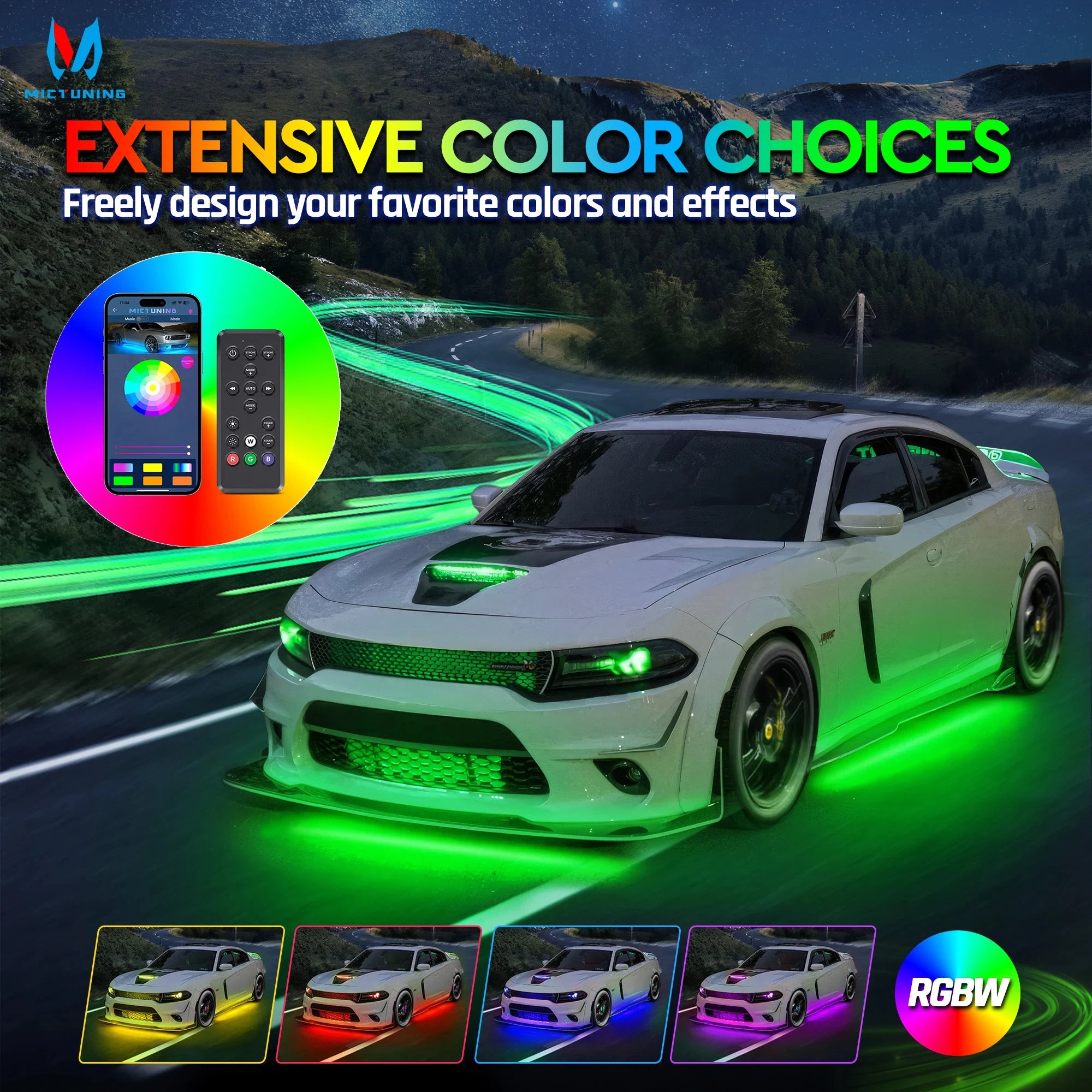 RGBW LED car underglow lighting kit controlled by a smartphone app or remote to customize vehicle accent colors.