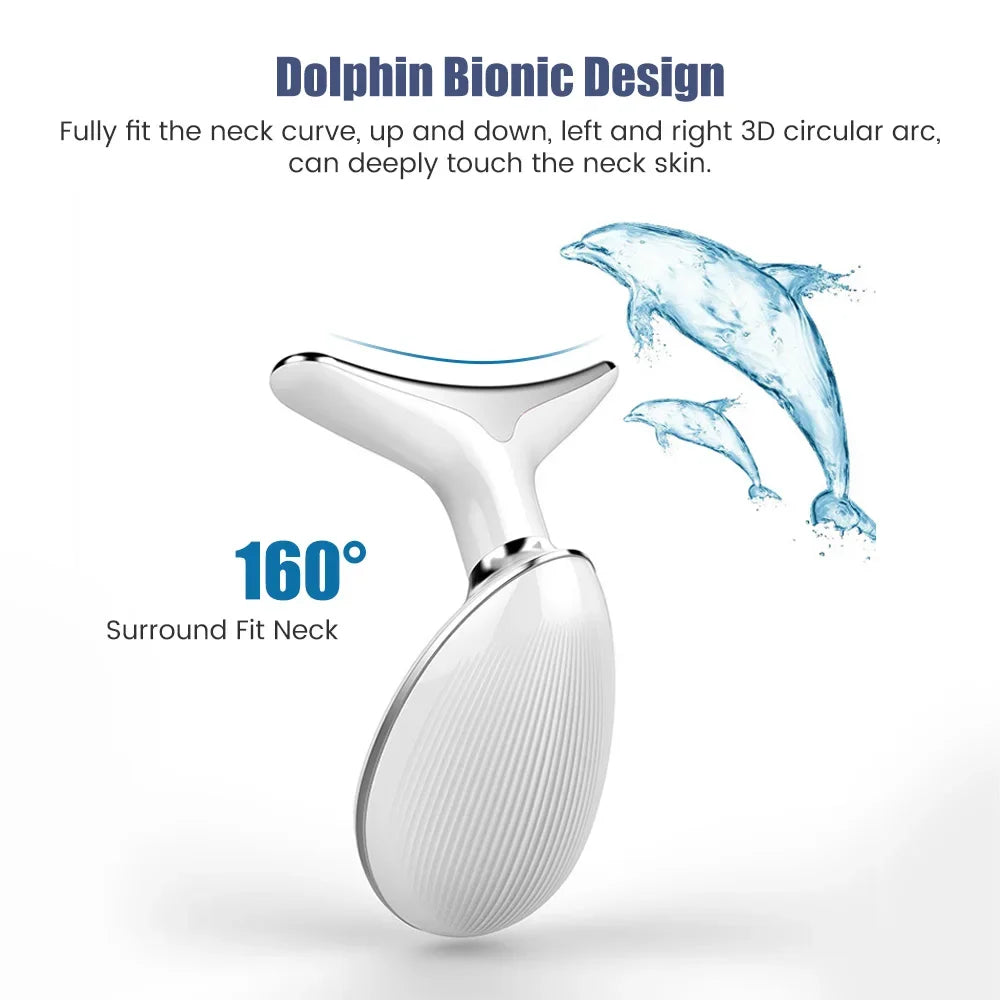 White, dolphin-shaped facial and neck massager with a textured ergonomic handle and curved head for contouring.