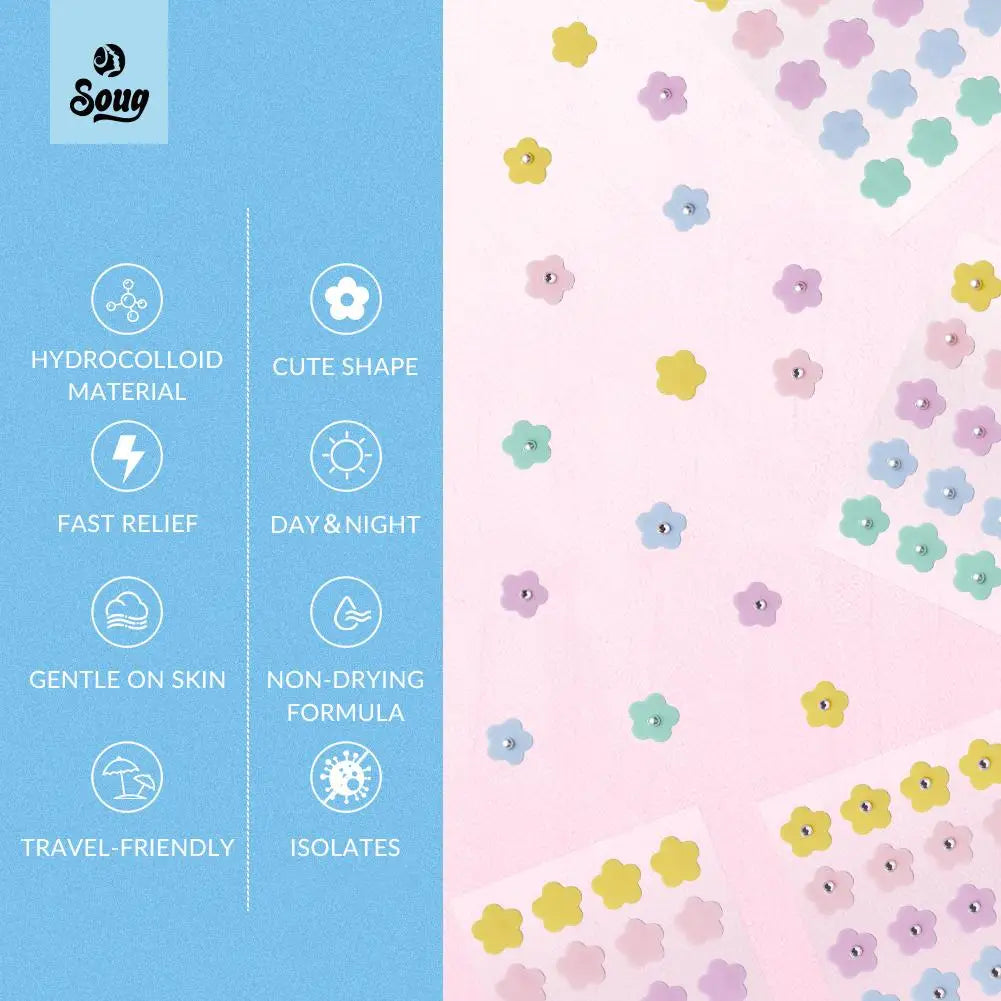 Tidesmit multicolored flower-shaped hydrogel acne patches with pearl and diamond accents for spot treatment.