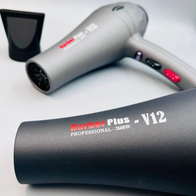 Matte grey 2600W Barber Plus V12 professional hair dryer with styling nozzle for fast, high-power salon drying.