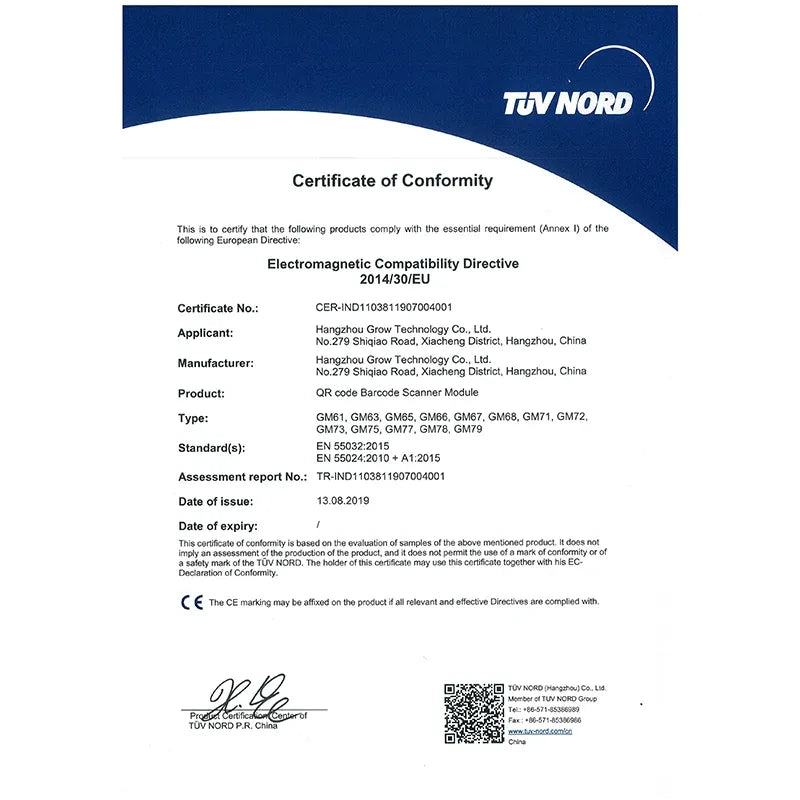 Certificate of Conformity document with CE mark, TUV NORD logo, and QR code