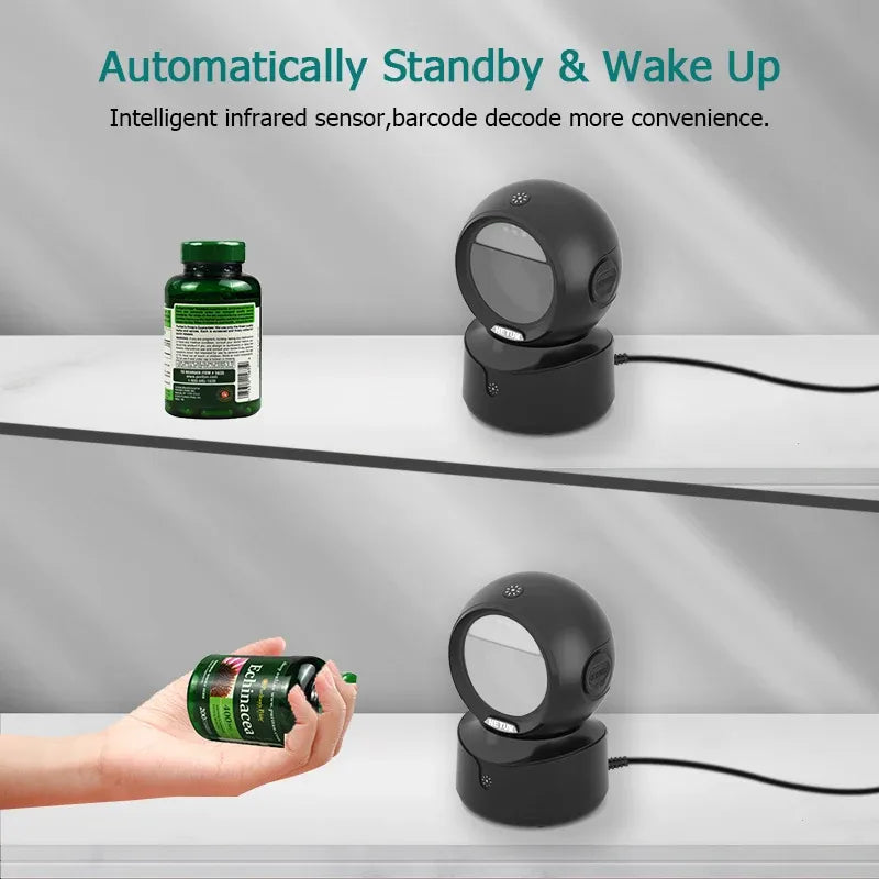 Black desktop barcode scanner with infrared sensor design and LED scan light