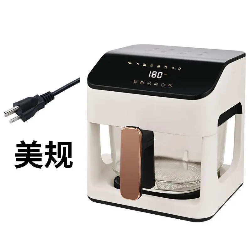White smart air fryer with transparent pot and black control panel showing 180°C, connected power cord
