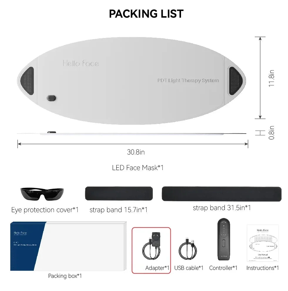Packing list for Hello Face L6 LED therapy mask: oval mask, protective glasses, straps, adapter, cable, and controller.