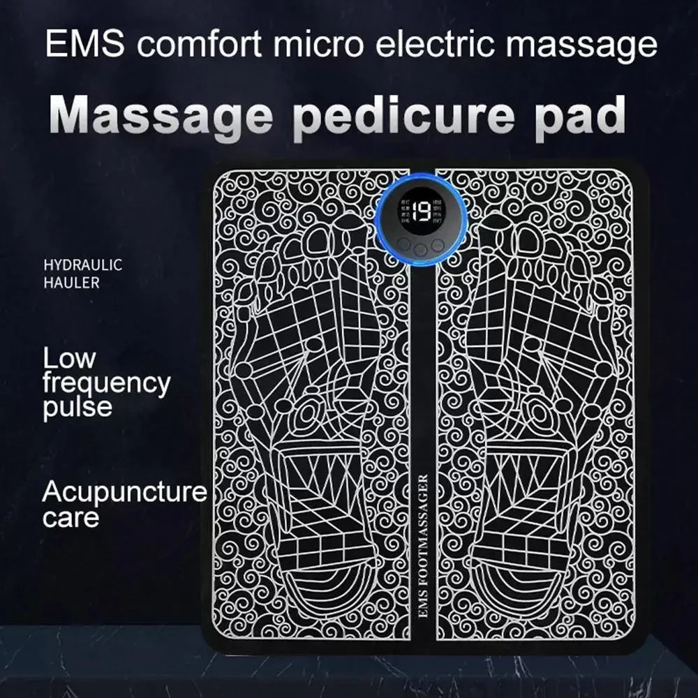 Black EMS rechargeable foot massage mat with digital display for electric muscle stimulation and pain relief.