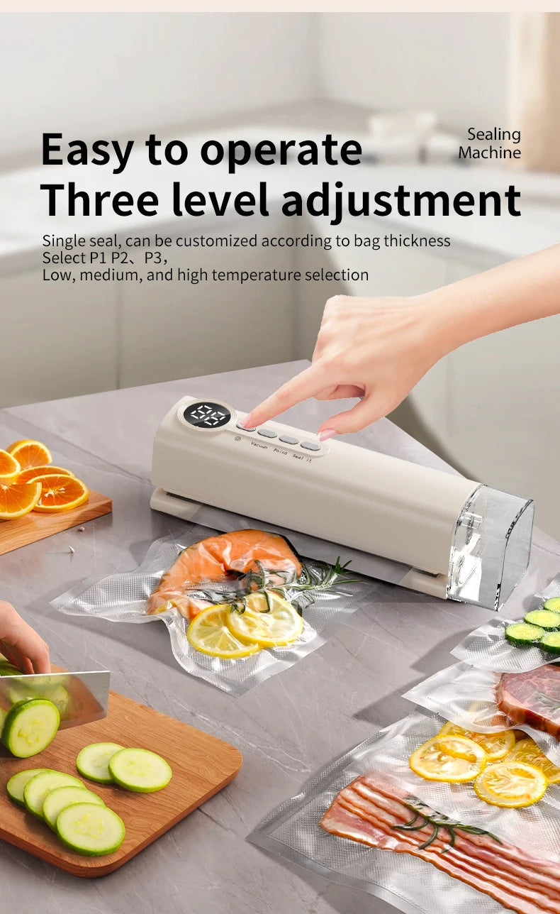 Portable Vacuum Sealer Machine 62kPa Rechargeable Food Vacuum Sealing Machine 150mm Heat Sealer with 3 Temperature Levels