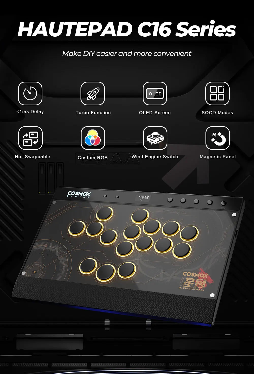 Haute42 C16 Magnetic Leverless Hitbox Controller Stickless Arcade Controller Keyboard For PC/ PS5/PS4 Hitbox Fighting Stick