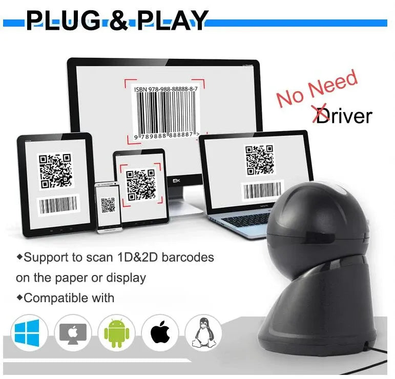 Platform 2D barcode scanner with tablets and screens displaying barcode examples