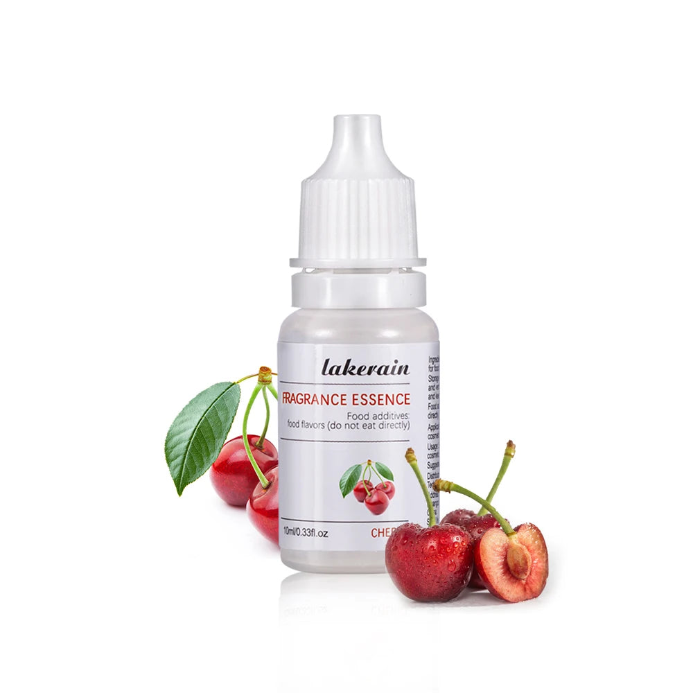 10ml Lakerain cherry fragrance oil bottle for DIY lip gloss and soap making with fresh red cherries on white background.
