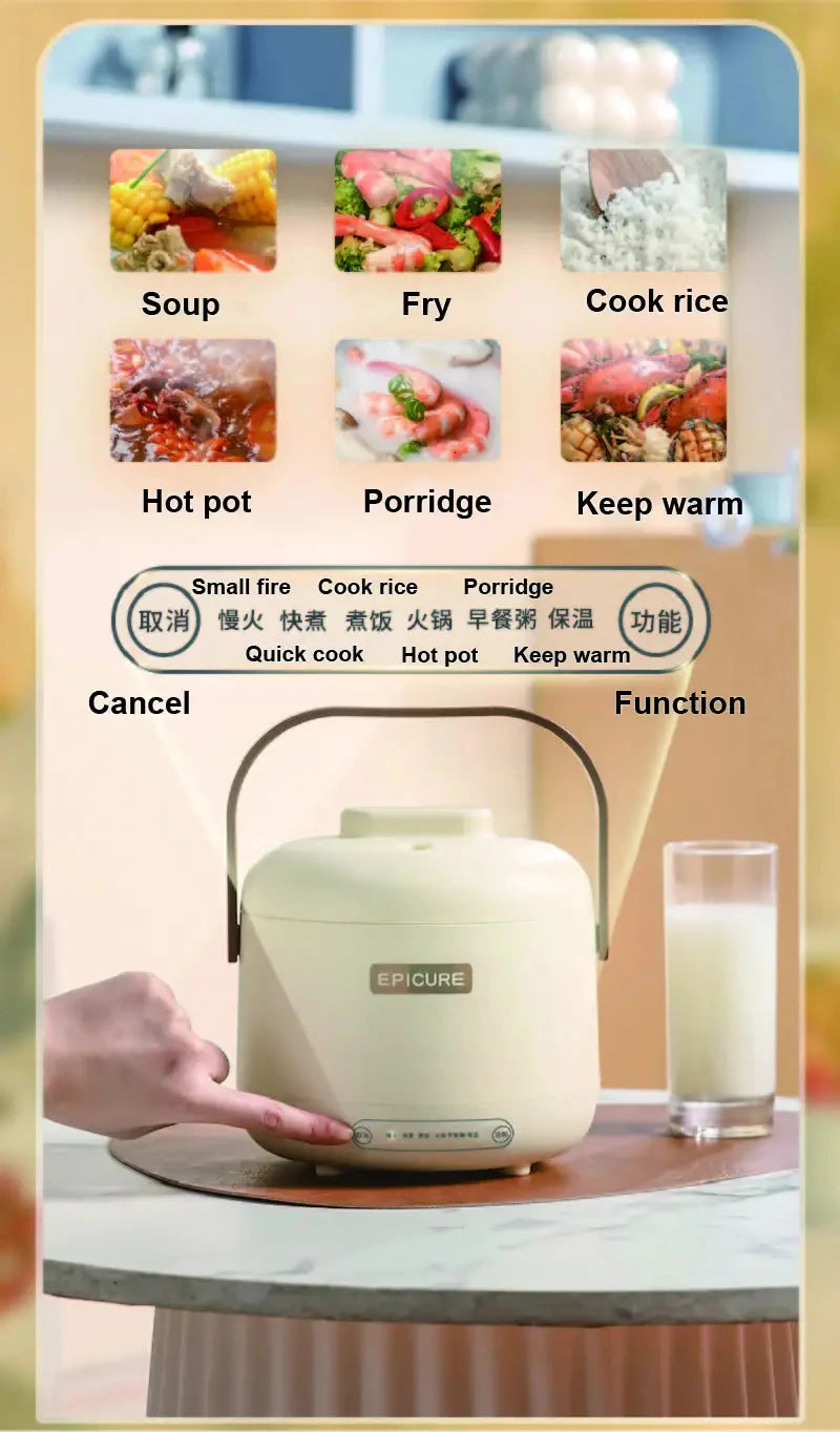 Cream multi-function rice cooker on counter with lid handle and control panel
