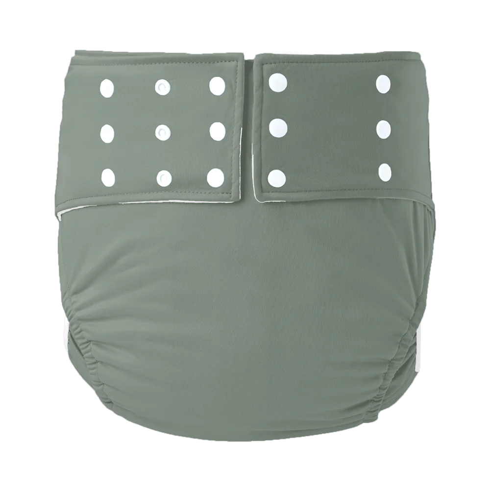 Sage green adjustable reusable cloth diaper for baby care with snap button closure.
