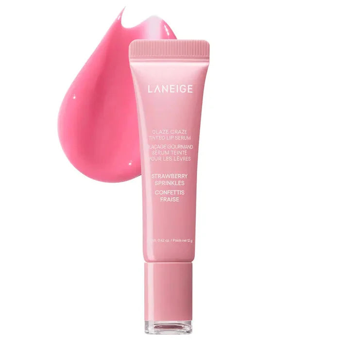 Laneige Glazey Lip Serum in Strawberry Sprinkles: pink glossy tinted lip treatment with a smooth, creamy texture.