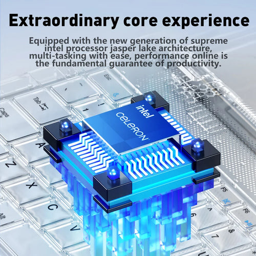 An Intel Celeron processor graphic floating above a silver, translucent-key laptop keyboard.