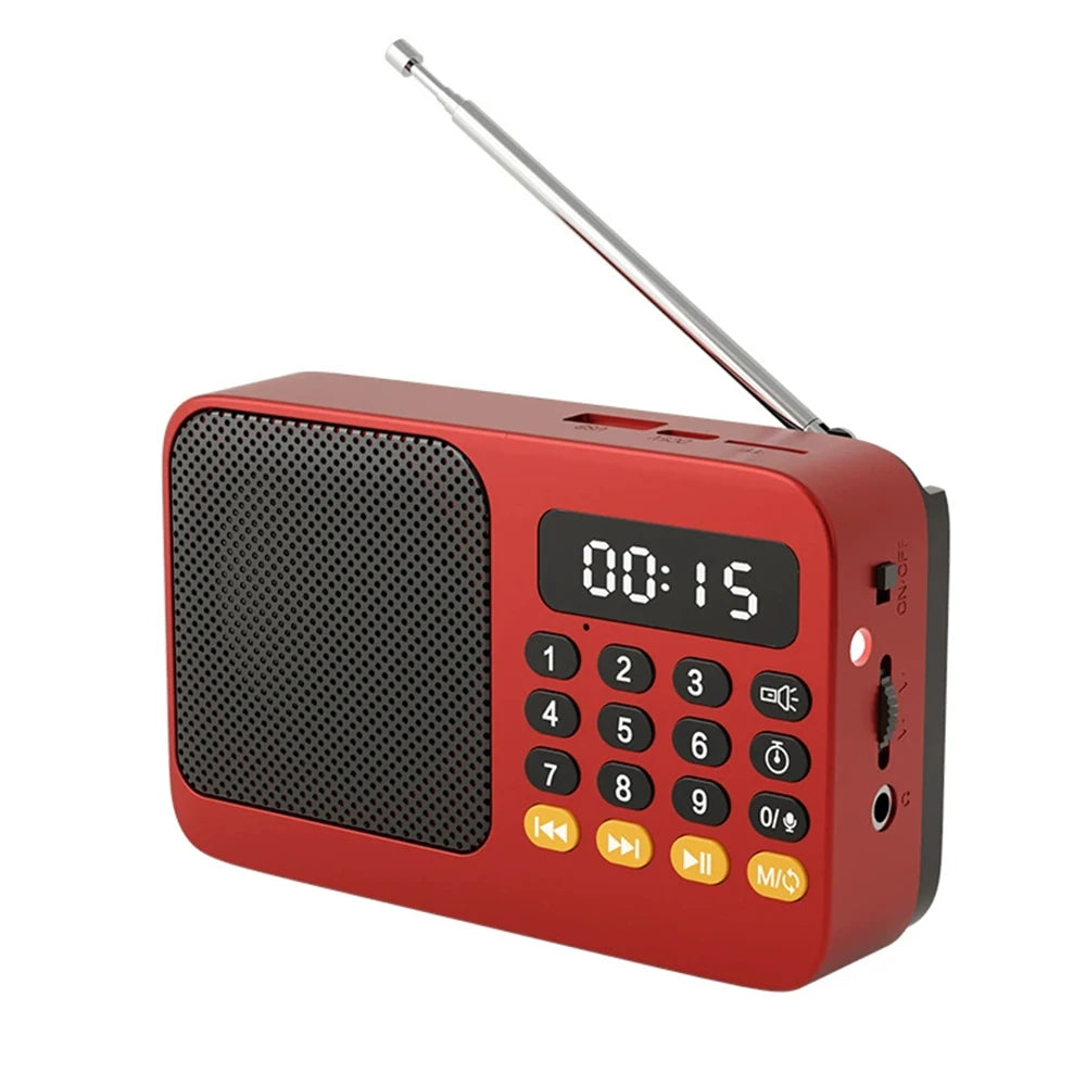 Red portable Bluetooth FM radio speaker with antenna and side control ports