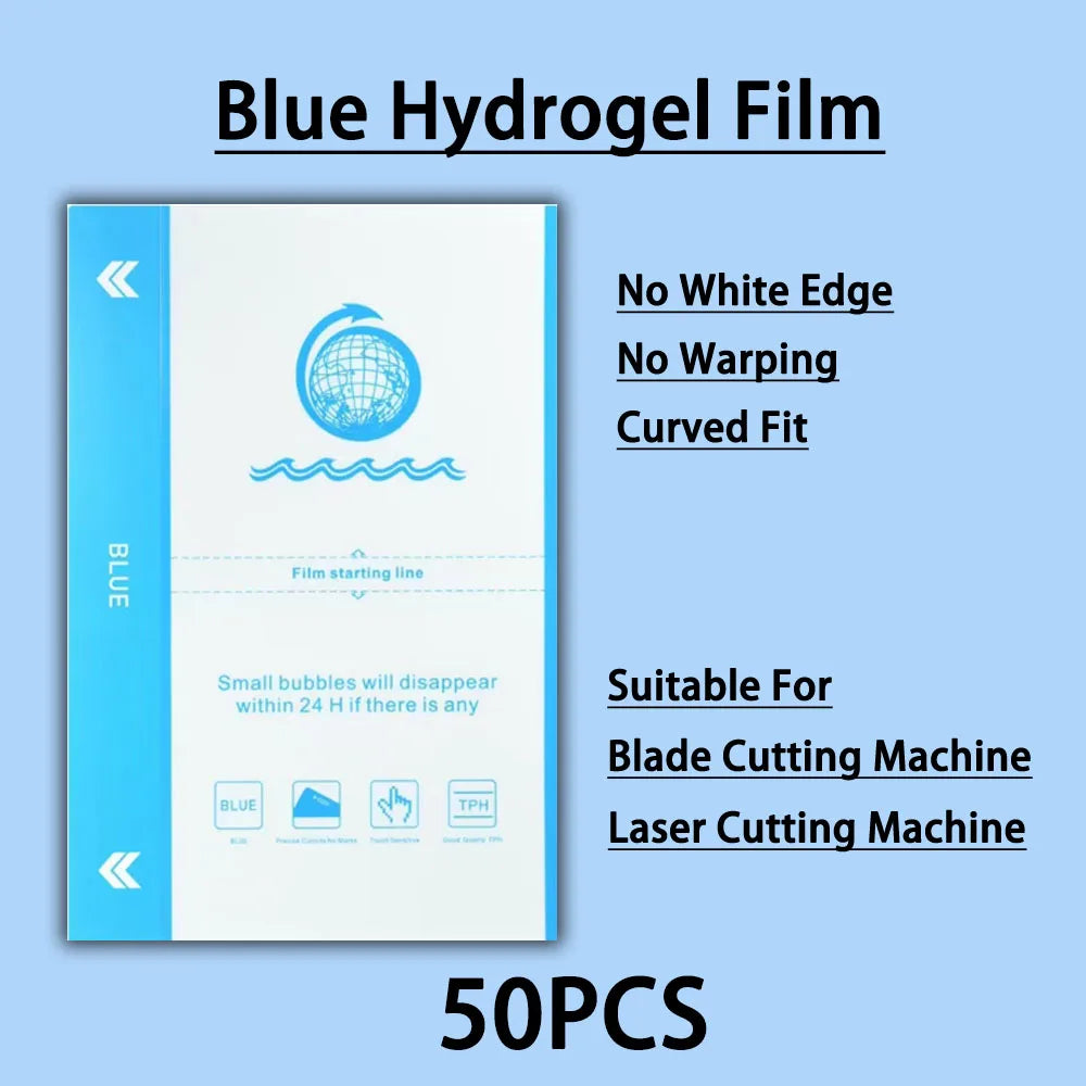 Blue hydrogel film sheet set for cutting machines, curved fit, 50 pcs, privacy protection.