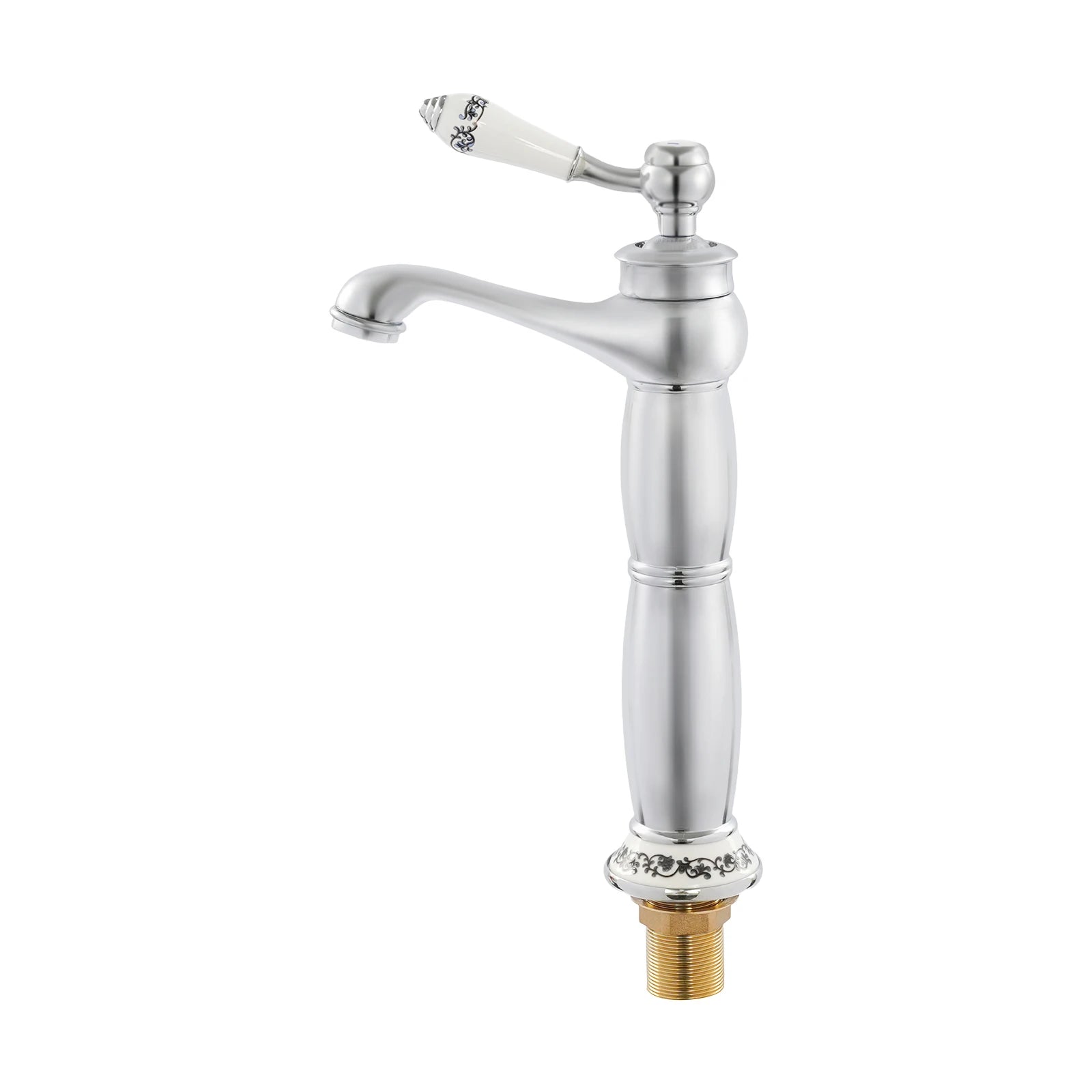 Solid Brass Silver Single-Handle Bathroom Faucet, Chrome-Plated Modern Deck Mount Basin Tap, 0.5-0.7MPa High-Pressure Cold/Hot Water Mixer