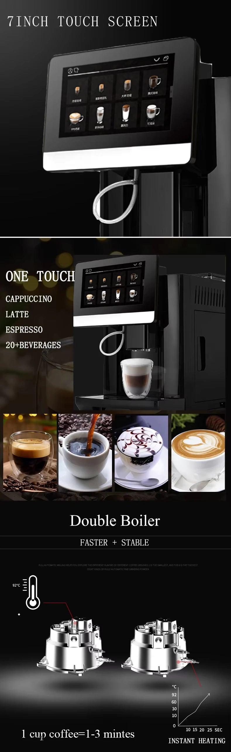 Black automatic espresso machine with 7-inch touch screen, double boiler system, and 20+ beverage settings.
