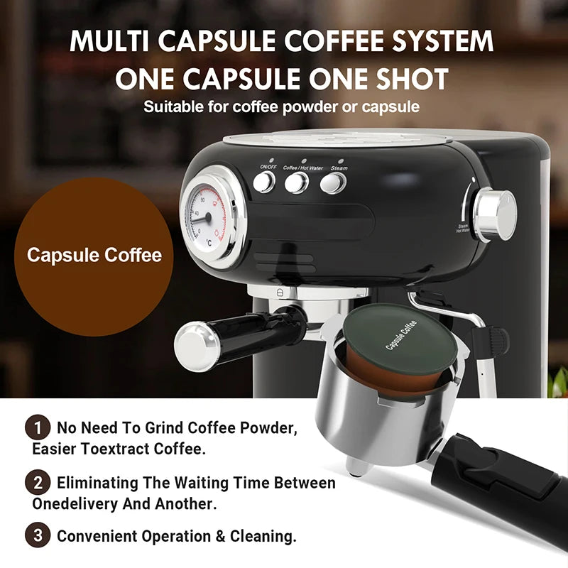Black multi-capsule espresso coffee machine with temperature gauge, portafilter, and steam wand for powder or pods.