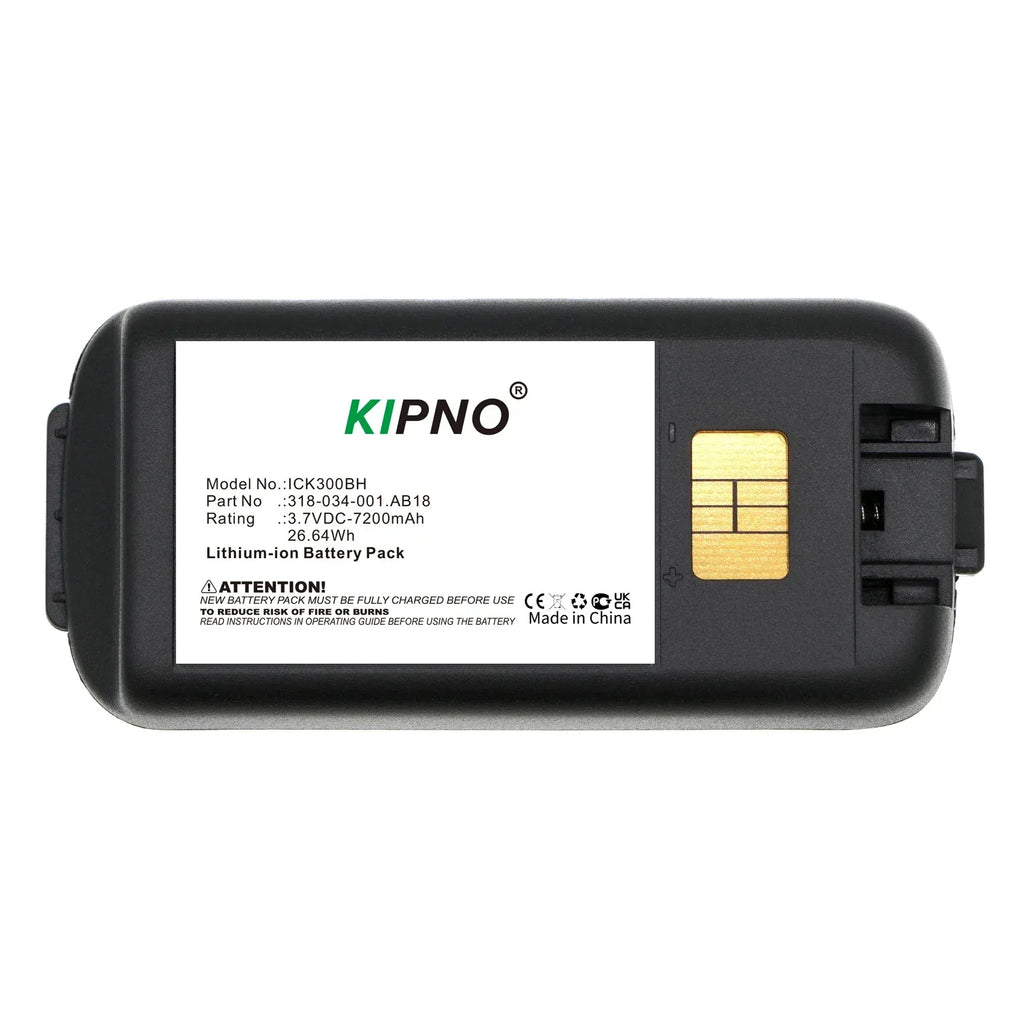 Black battery pack front view with label and small gold contacts panel on right