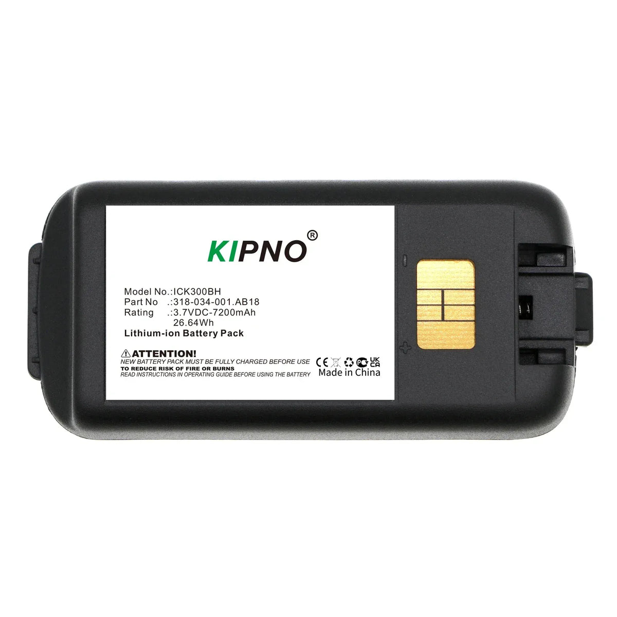 Black battery pack front view with label and small gold contacts panel on right
