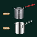 Stainless steel deep fryer with frying net basket and fryer body with red handle