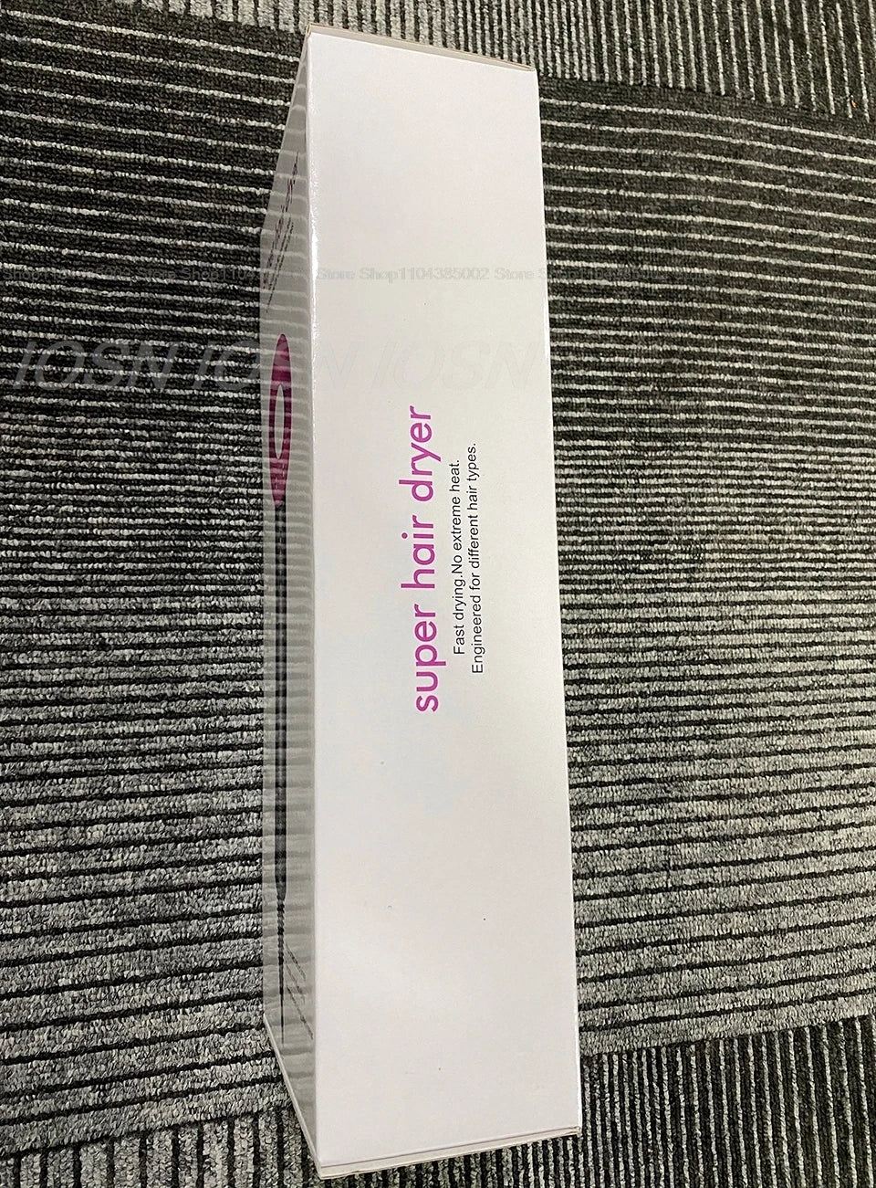 White box packaging for professional leafless negative ion hair dryer with fast drying and anti-flyaway technology.