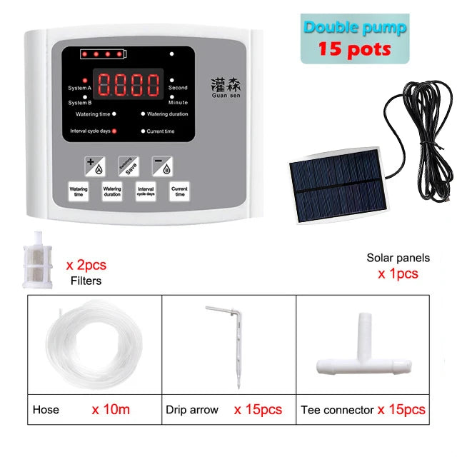 Double-pump solar drip irrigation kit with gray controller, solar panel, hose, and connectors